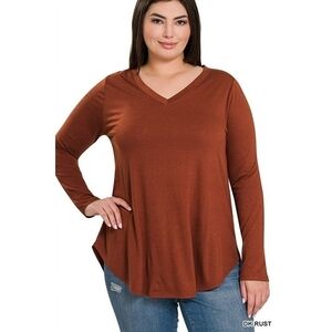 Zenana 3x Rust Vneck Long Sleeve Scoop Hem Top